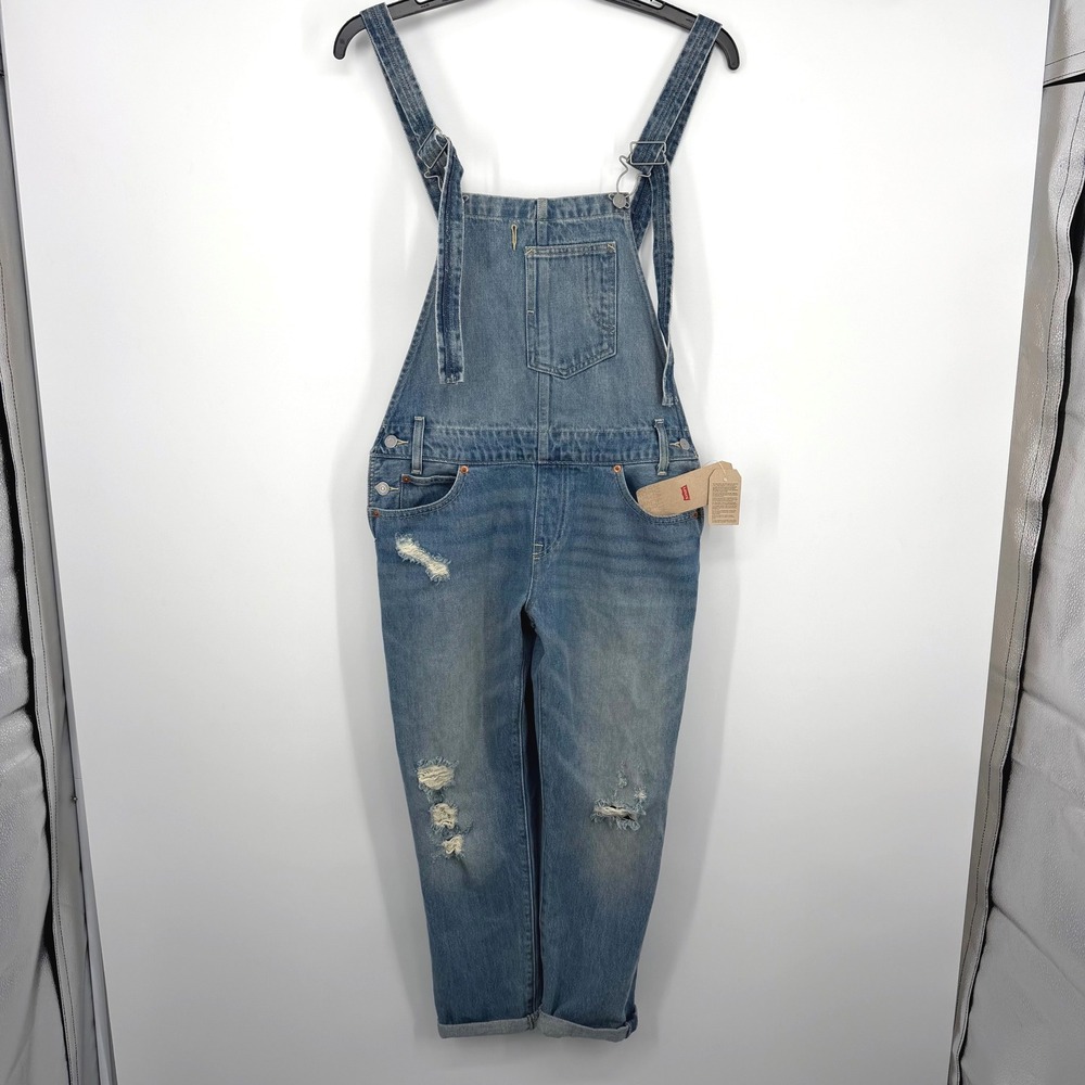 Levi's Denim Overalls Women 12 W31 Blue NWT Distressed Bib Straight Leg